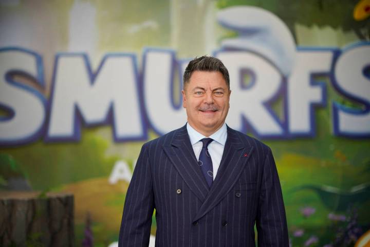 Nick Offerman arrives at the premiere of "Smurfs" on Sunday, July 13, 2025, at Paramo ...