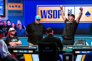 Michael Mizrachi of Miramar, Florida celebrates another opponent being taken down and saving hi ...